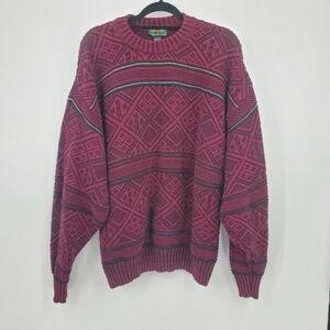 ♡ Vintage Alexander Julian Patterned Chunky Knit Sweater Size Large Burgundy